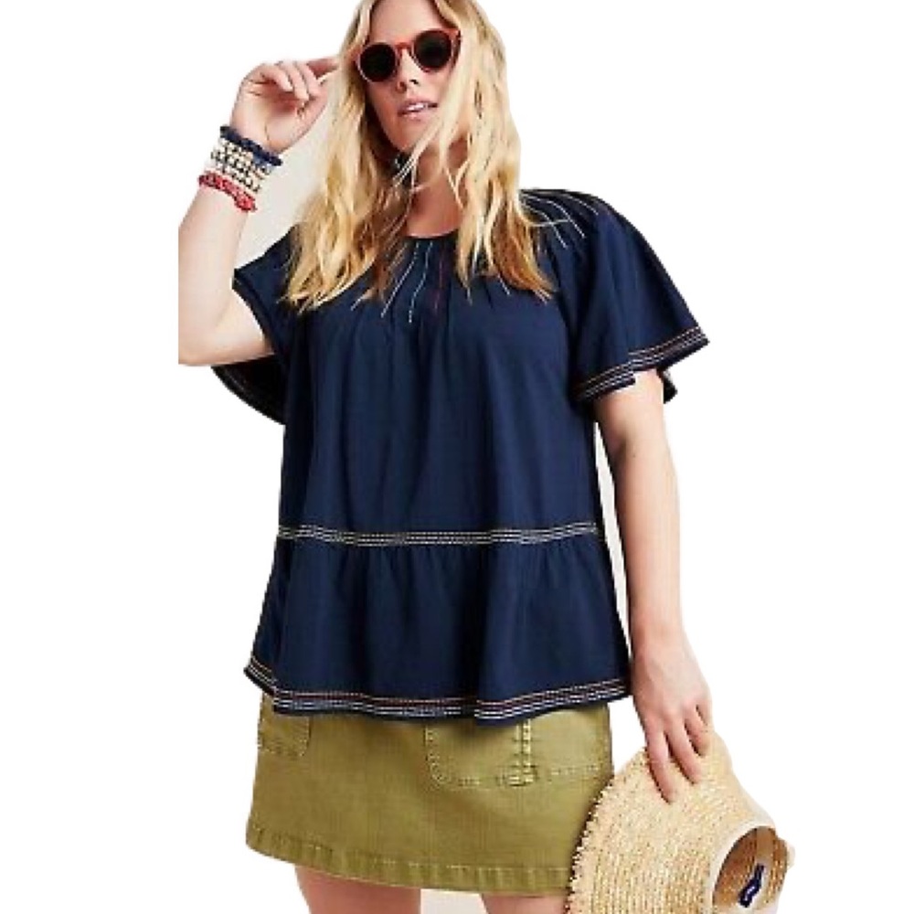 Maeve Anthropologie Chamonix Rainbow Embroidered Swing Top Size Extra Small Blue